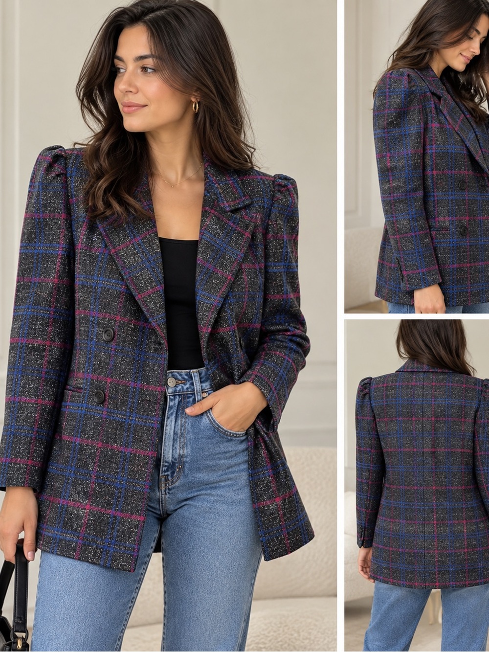Vintage 80s ILGWU Plaid wool coat size 14 puffed shoulder dark academia